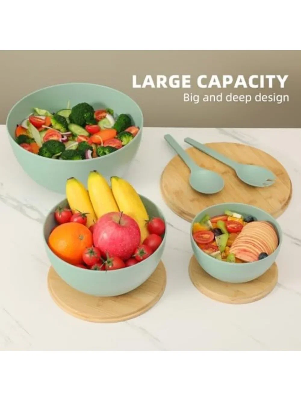 Set of 3 Large Bamboo Fiber Salad Bowls with Lids & Utensils - Perfect for